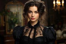 Girl, Woman, Lady, Woman In 1830s Style. Black Dress, Hat, Elegant Look, Rich, Luxe, Luxury. Old Style, Beatiful View, Graceful Old Fashioned, 1800 1900
