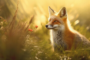 Wall Mural - Portrait of an adult red fox sitting in the grass, generative ai