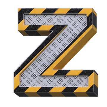 Industrial black and yellow striped metallic font, 3d rendering, letter Z