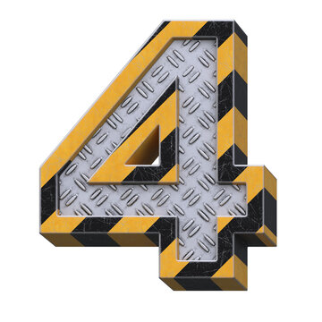 Industrial black and yellow striped metallic font, 3d rendering, number 4