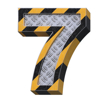 Industrial black and yellow striped metallic font, 3d rendering, number 7