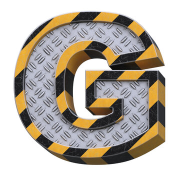 Industrial black and yellow striped metallic font, 3d rendering, letter G