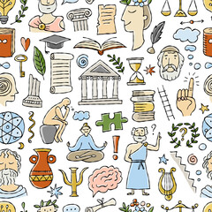 Wall Mural - Philosophy concept art, hand-drawn philosophers and elements. Seamless pattern background for your design