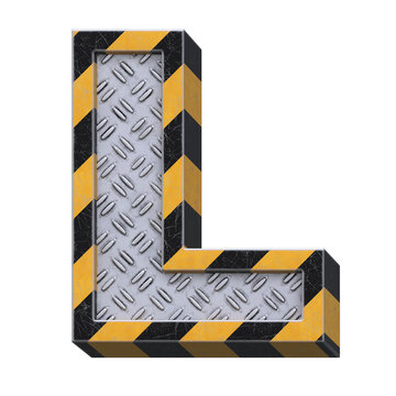 Industrial black and yellow striped metallic font, 3d rendering, letter L