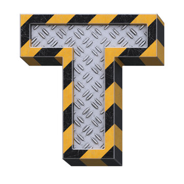 Industrial black and yellow striped metallic font, 3d rendering, letter T