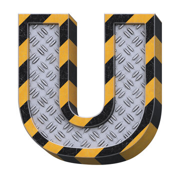 Industrial black and yellow striped metallic font, 3d rendering, letter U