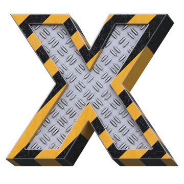 Industrial black and yellow striped metallic font, 3d rendering, letter X