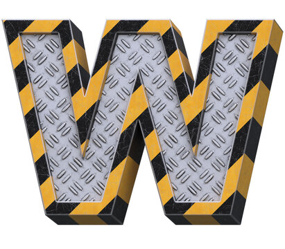 Industrial black and yellow striped metallic font, 3d rendering, letter W