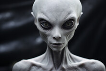Portrait Of Upper Body Of Grey Alien With Bald Head Grey Eyes Pointed Face Inspired By Woman Shape Standing In Studio With Black Background
