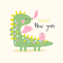 Card With Cute Cartoon Green Dragon. Happy  New Year 2024. Vector Illustrations