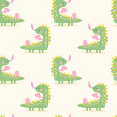 Wall Mural - seamless pattern with a cute cartoon green dragon. vector illustrations