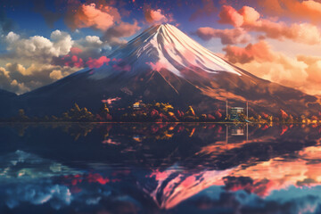 Aufkleber - An abstract depiction of Japan's iconic Mount Fuji, with geometric shapes and soothing colors. Generative AI technology.