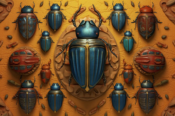 Poster - An image showcasing abstract representations of scarabs, beetles revered in Ancient Egyptian culture, with symmetrical patterns and earthy tones. Generative AI technology.