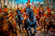 An abstract portrayal of a Roman triumphal procession, with bold strokes and regal colors. Generative AI technology.
