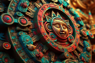 Poster - An abstract portrayal of the Maya calendar, with circular patterns and vibrant hues. Generative AI technology.