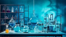 A Blue Background With A Chemistry Lab On A Table With Lots Of Different Colors Of Stuff Inside. Some Glassware And Some Bio Stuff Too.