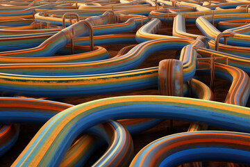 Poster - An abstract portrayal of Mesopotamian irrigation systems, with flowing lines and vibrant colors.  Generative AI technology.