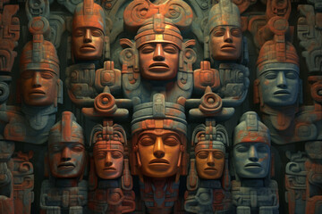 Poster - An abstract portrayal of shamanic figures in Olmec art, with mystical shapes and a subdued color palette. Generative AI technology.