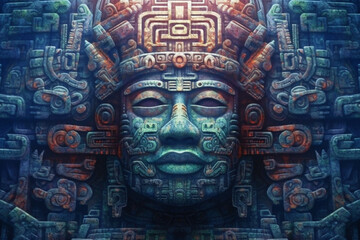 Poster - An image featuring abstract representations of Olmec cosmology, with celestial motifs and cosmic colors. Generative AI technology.