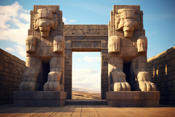 Poster - An image featuring an abstract interpretation of the Hittite lion gate, with geometric shapes and a majestic color palette.  Generative AI technology.