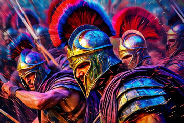 Aufkleber - An abstract portrayal of Mycenaean warriors, with dynamic lines and vibrant colors. Generative AI technology.