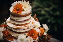 Autumn Wedding: Wedding Naked Cake With Orange Barberton Daisy Flowers