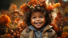 Autumn Concept. Little Boy In Yellow Leaf Wreath