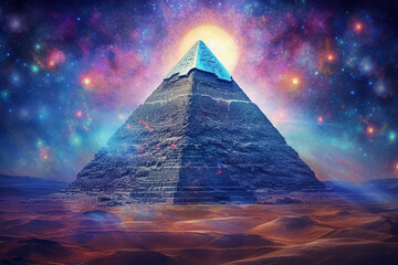 Aufkleber - Abstract interpretations of the Pyramids of Giza with celestial-inspired elements, featuring cosmic patterns, starbursts, Generative AI technology.