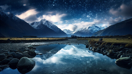 Sticker - Beautiful view of glowing Milky Way in the sky with mountains.