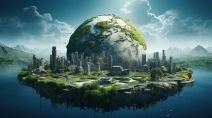 Wall Mural - symbolic 3d image of the globe with elements of human activity and nature landscape. eliminate waste