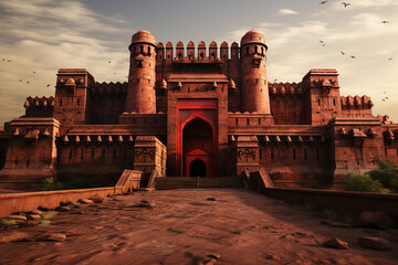 Poster - Red Fort, capturing its geometric facades, intricate carvings, and vibrant red sandstone from unique angles to showcase.  Generative AI technology.