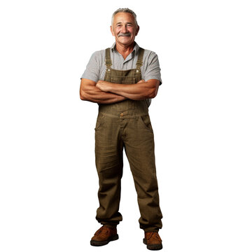 A smiling mature farmer posing with crossed arms in a full length portrait isolated on a transparent background