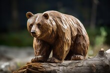 Bear As Wood Sculpture On A Wood Log Forest