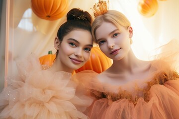 Wall Mural - Two beaming brides, both dressed in stunning peach gowns adorned with intricate embellishments and delicate ruffles, stand side-by-side in a sun-soaked room, glowing faces framed by elegant headpiece