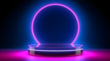 3D Neon Purple And Blue Light Podium Stage For The Mega Sale Special Offer For The Award Or To Display Your Brand. Generative AI.