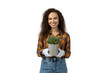 A girl with a flower pot in her hands, isolated on white background