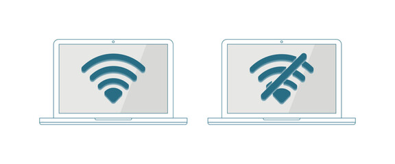 Poster - Computer and netbook pc flat design with wi-fi and without wi-fi symbol vector illustration. Concept of good and bad wireless wi-fi signal isolated blue background. Vector.