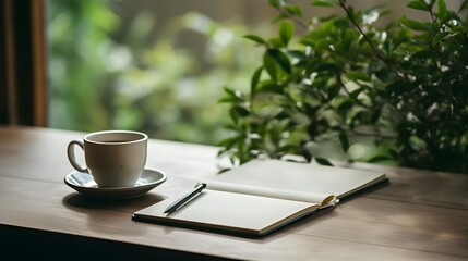 Wall Mural - Photo of a cup of coffee and a notebook on a table