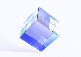 Poster - Glass translucent cube, crystal block with hologram gradient texture, 3d render icon. Clear square box with blue light refraction, abstract geometric shape, isolated graphic element. 3D illustration
