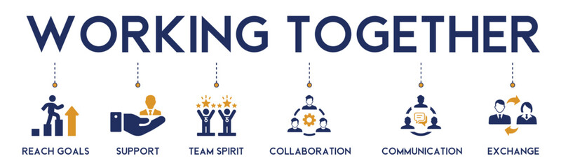 Working together banner website icons vector illustration concept with an icons of reach goals, team management, support, team spirit, collaboration, communication, exchange on white background