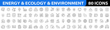 Energy And Ecology Icon Set. Environment Icons. Renewable Energy, Green Technology, Sustainability, Nature, Recycle, Renewable Energy, Solar Cells, Water, Hydroelectric, Coal Mine, Big UI Icon Set. 