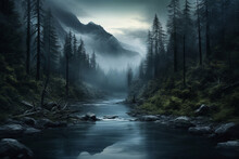 Dark Forest In The Middle Of A River And Trees