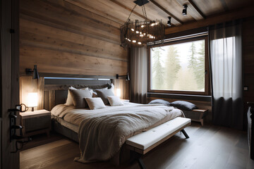 Eco style bedroom interior with bed in modern house.