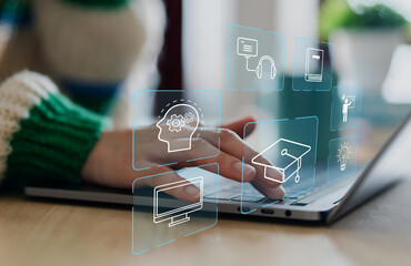 Wall Mural - human use laptop technology internet learning and study online class technology network, e-learning,