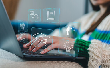 Wall Mural - human use laptop technology internet learning and study online class technology network, e-learning,