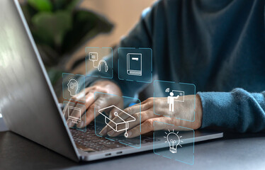 Wall Mural - human use laptop technology internet learning and study online class technology network, e-learning,