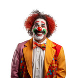 Halloween costumes -  Front view mid shot of Latin man dressed as clown isolated on white transparent background
