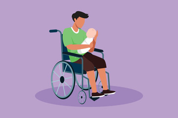 Wall Mural - Graphic flat design drawing parents with newborn baby. Happy male hold baby, sitting in wheelchair. Disabled father man holding baby in his arms. Family love concept. Cartoon style vector illustration