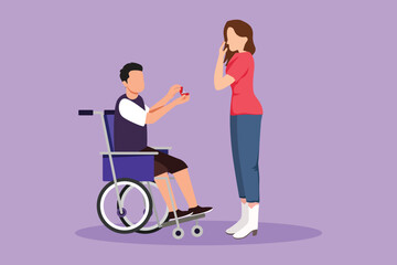 Wall Mural - Cartoon flat style drawing disabled person character. Romantic man made proposal to pretty girl, wedding. Happy family. Positive man with special need in wheelchair. Graphic design vector illustration