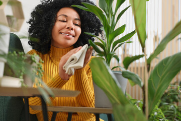 Canvas Print - Happy woman wiping leaf of beautiful potted houseplant indoors